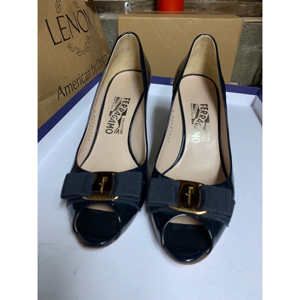 Salvatore Ferragamo Vara Open Toe Black Patent Leather Kitten Heels